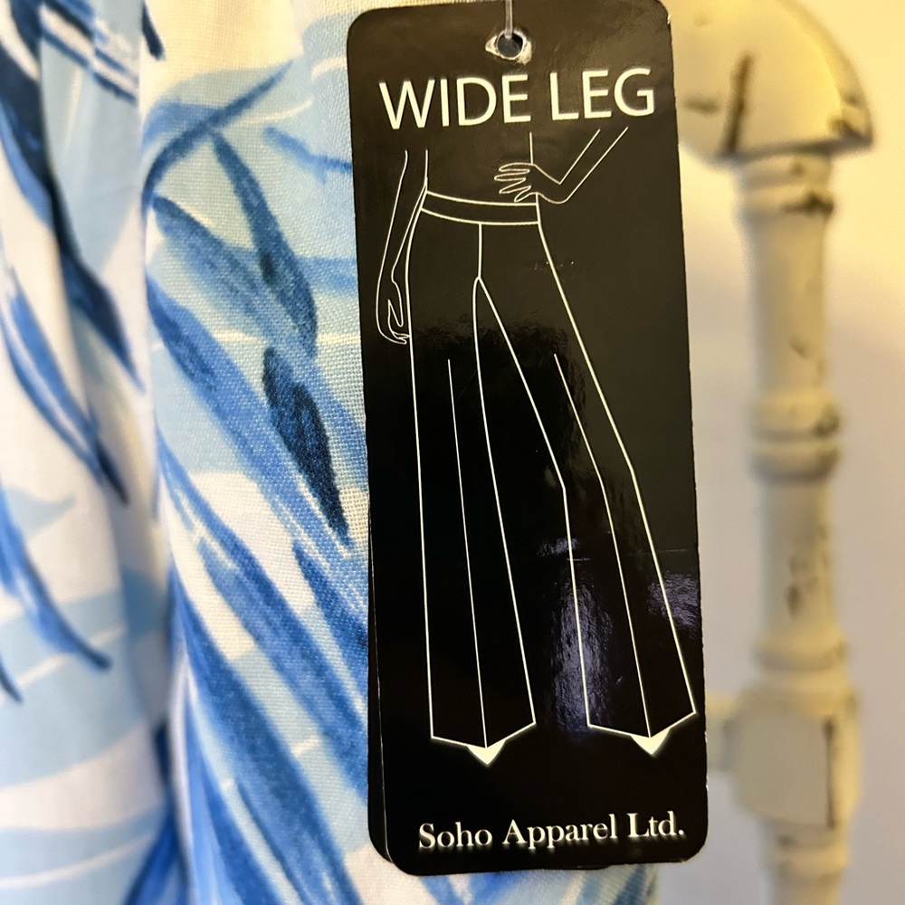 Soho Apparel Blue and White Leaf Print Wide Leg Pants - Picture 2 of 4